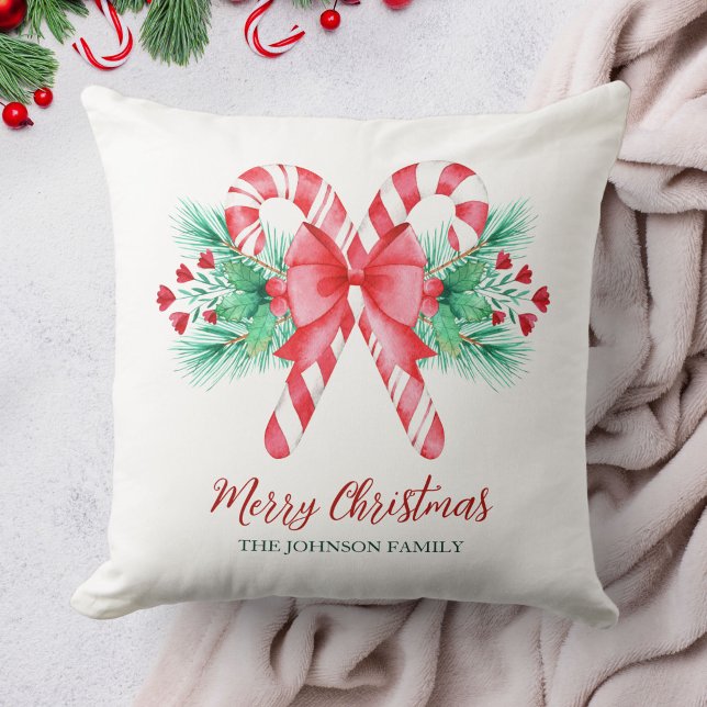 Coussin Aquarelle et Sucre de canne + Nom Noël (Watercolor Candy Canes and Bow + Name Christmas Throw Pillow)
