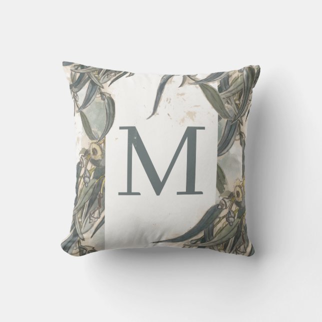 Coussin Aquarelle Eucalyptus Feuille Verdure Monogramme (Recto)