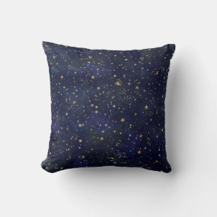 Coussin Aquarelle fantaisiste étoiles célestes bleu et or