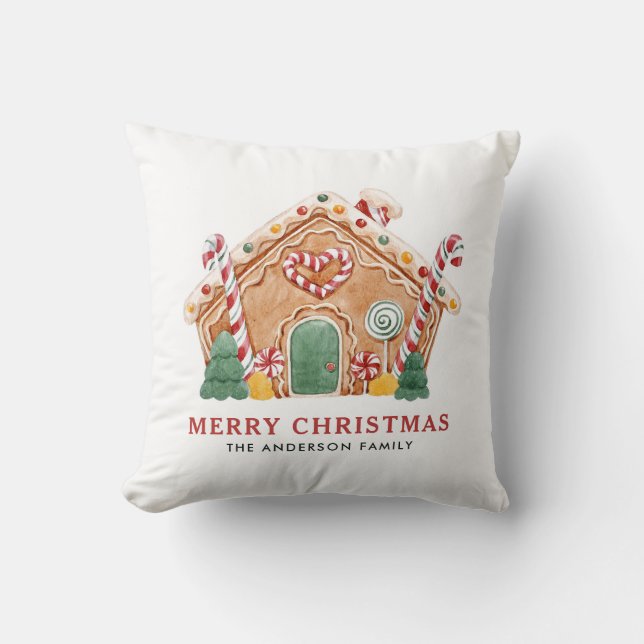 Coussin Aquarelle Festif pain d'épices Maison Noël (Recto)