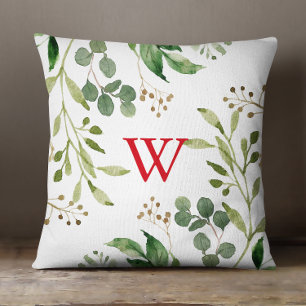 Coussin Aquarelle Festive Hiver Vert Monogramme
