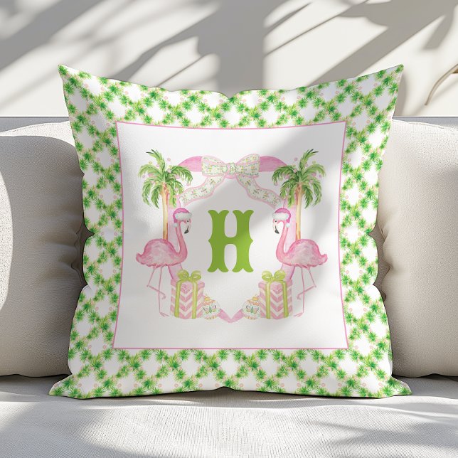 Coussin Aquarelle Flamant rose rose Monogramme Crest Noël (Créateur téléchargé)