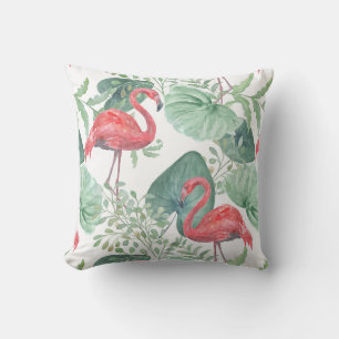 Coussin Aquarelle flamants roses et feuilles.