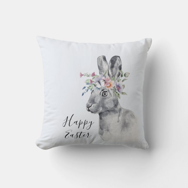 Coussin Aquarelle Fleur Couronne Lapin de Pâques (Recto)