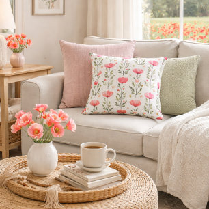 Coussin Aquarelle Fleur de Pavot Rose Corail