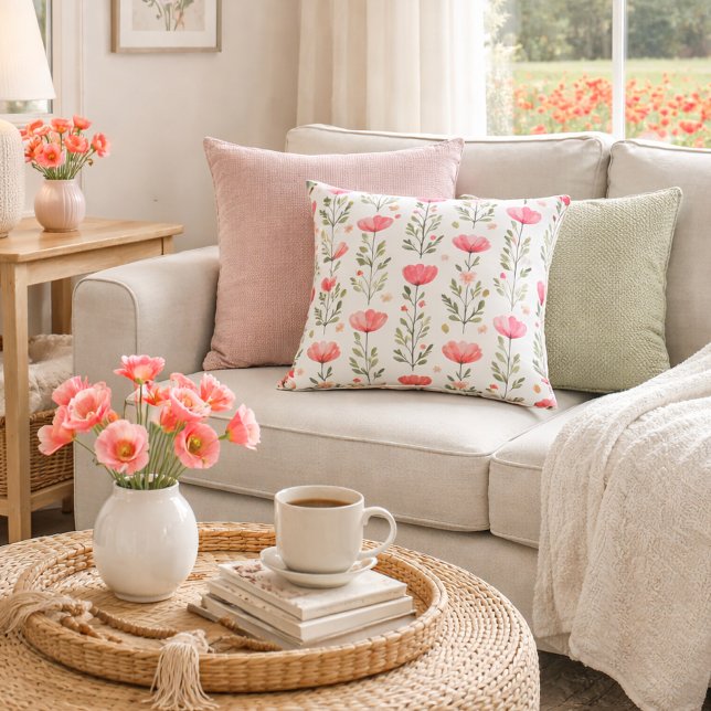 Coussin Aquarelle Fleur de Pavot Rose Corail (Créateur téléchargé)
