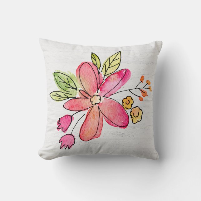 Coussin Aquarelle Fleur Rose Sur Bois Blanchi (Recto)