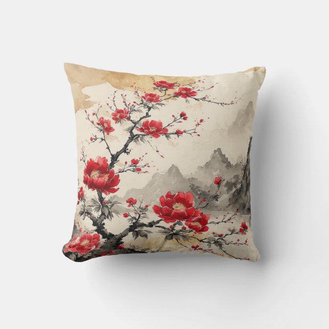 Coussin Aquarelle Fleur rouge japonaise (Recto)