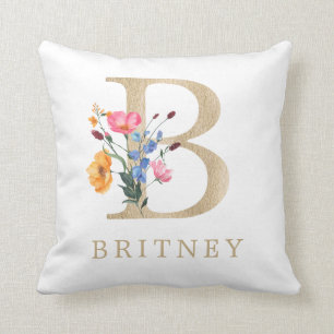 Coussin Aquarelle Fleur Sauvage de Printemps Lettre "B" en