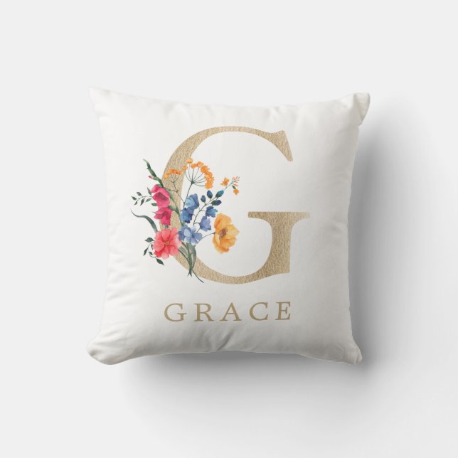 Coussin Aquarelle Fleur Sauvage de Printemps Lettre "G" en (Recto)