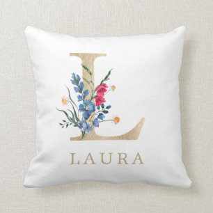 Coussin Aquarelle Fleur Sauvage de Printemps Lettre "L" en