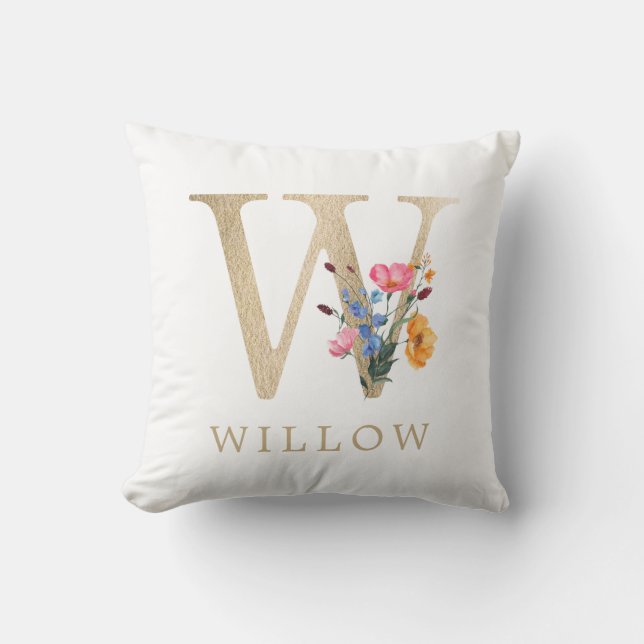 Coussin Aquarelle Fleur Sauvage de Printemps Lettre "W" en (Recto)