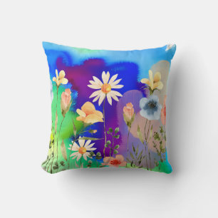 Coussin Aquarelle Fleur sauvage Nature moderne art bleu