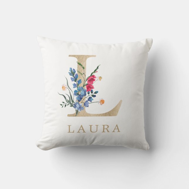 Coussin Aquarelle Fleur sauvage printanière Lettre "L" en  (Recto)