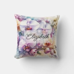 Coussin Aquarelle fleurie et nom de l'orchidée tropicale