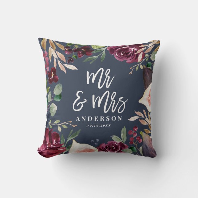 Coussin Aquarelle fleurie + script mariage Mr & Mrs. (Recto)