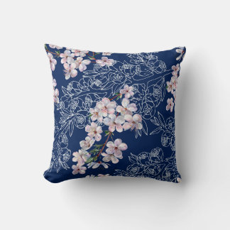 Coussin Aquarelle fleurs de branche cerise avec branche gr