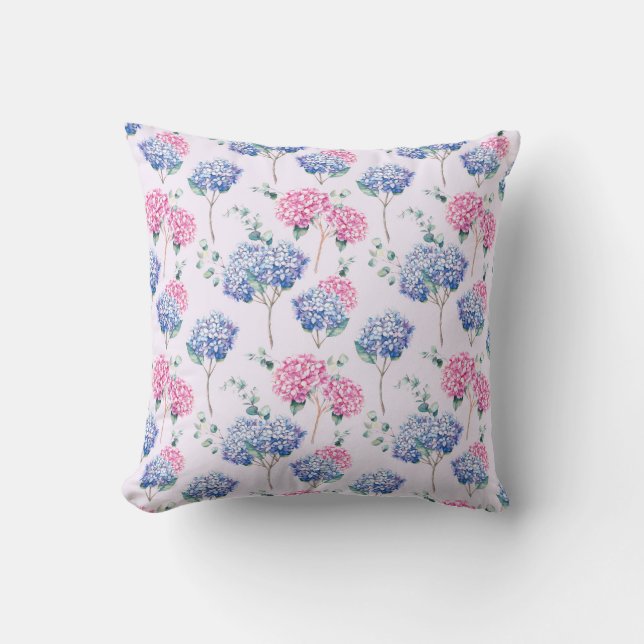 Coussin Aquarelle Fleurs de Hortensias Bleus et Roses Moti (Recto)