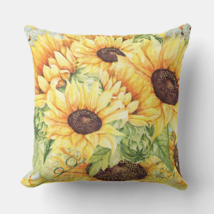 Coussin Aquarelle Fleurs de soleil jaunes et verdure