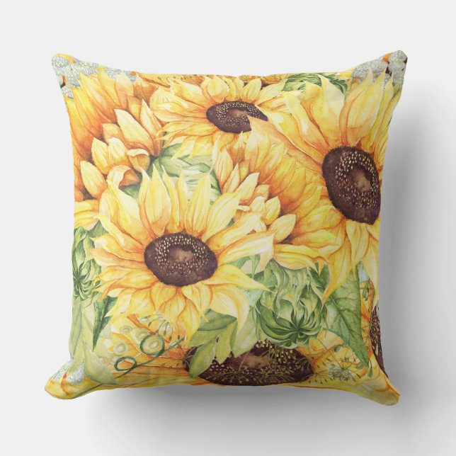 Coussin Aquarelle Fleurs de soleil jaunes et verdure (Recto)