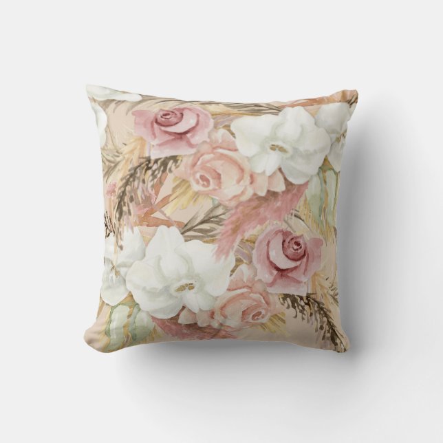 Coussin Aquarelle Fleurs Élégantes Pampas Rose Paillée (Recto)