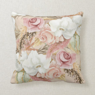 Coussin Aquarelle Fleurs Élégantes Pampas Rose Paillée
