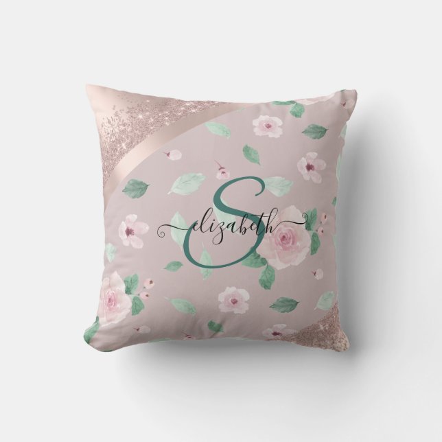 Coussin Aquarelle Fleurs Rose or Monogramme (Recto)