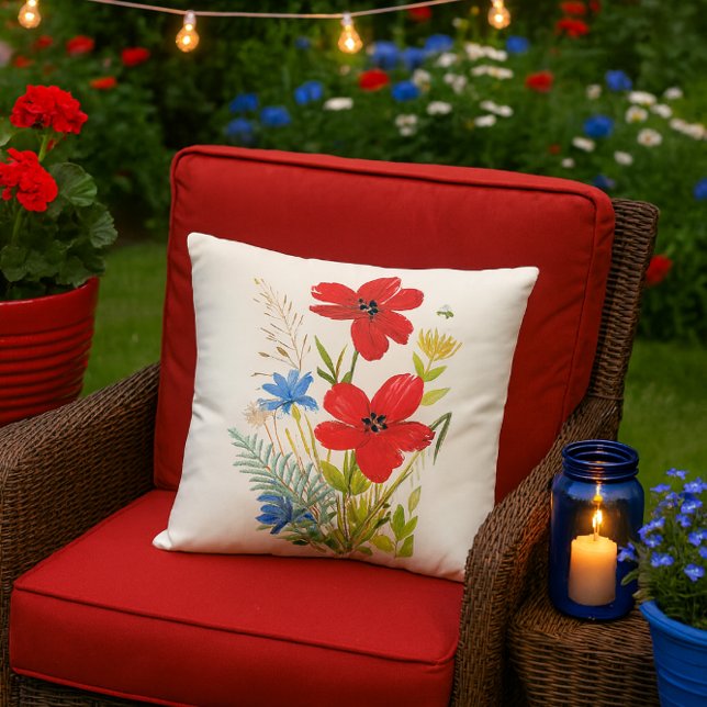 Coussin Aquarelle Fleurs Rouges et Bleues sur Fond Blanc (festive summer patio mockup featuring the red poppy pillow and it’s bursting with charm.)