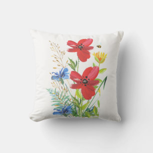 Coussin Aquarelle Fleurs rouges et bleues sur un blanc