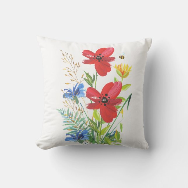 Coussin Aquarelle Fleurs rouges et bleues sur un blanc (Recto)