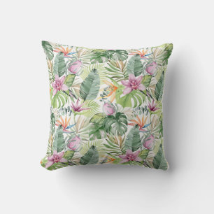 Coussin Aquarelle Fleurs tropicales et Feuilles