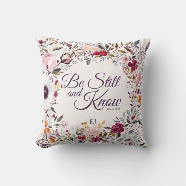 Coussin Aquarelle Floral Be Still and Know Psalm (Recto)