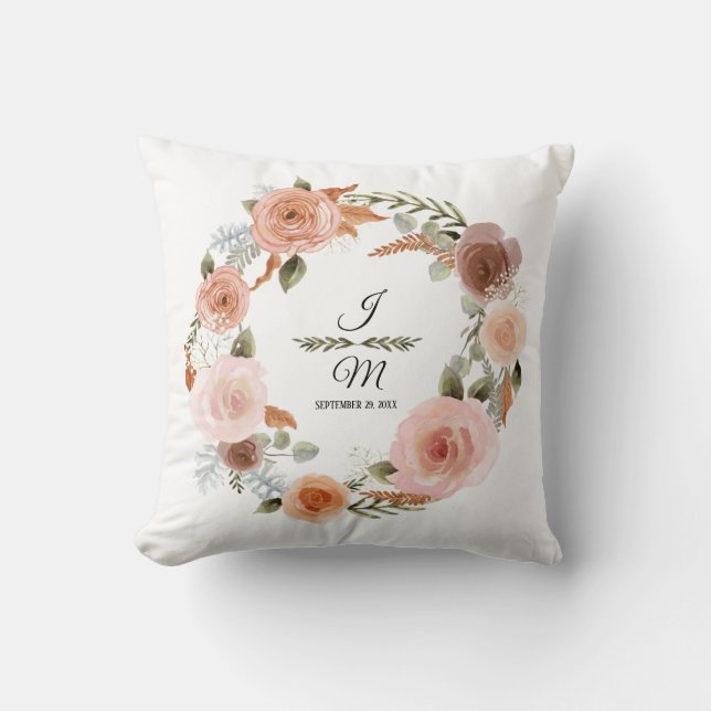 Coussin Aquarelle Floral Blush Peach Fern Mariage feuille (Recto)