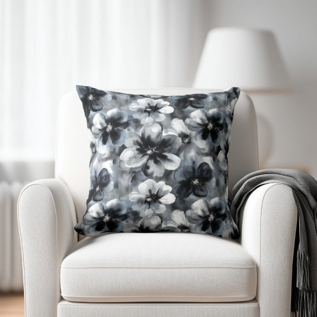 Coussin Aquarelle floral noir et gris (Créateur téléchargé)