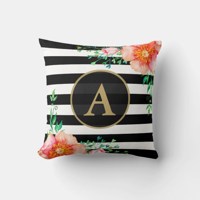 Coussin Aquarelle Floral or Monogramme noir blanc bande (Recto)