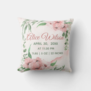 Coussin Aquarelle Floral Personnalisé Baby Birth Stats