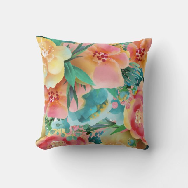 Coussin Aquarelle floral rose jaune sarcelle printemps (Recto)