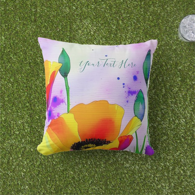 Coussin Aquarelle Florale Californie Pépites Orange Jaune (Herbe)