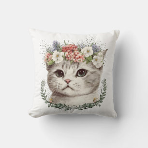 Coussin Aquarelle Florale Chat Cute