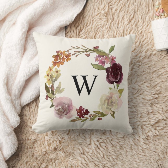 Coussin Aquarelle Florale couronne Monogramme Beige (Couverture)