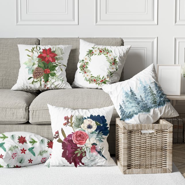 Coussin Aquarelle florale fleurs de pin d'hiver Décor hive (Créateur téléchargé)