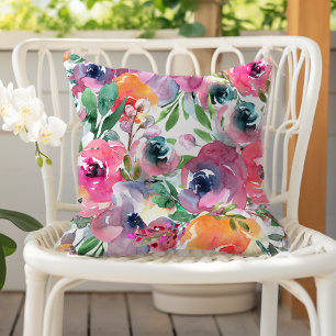 Coussin Aquarelle Florale Indigo Rouge Rose Orange Été
