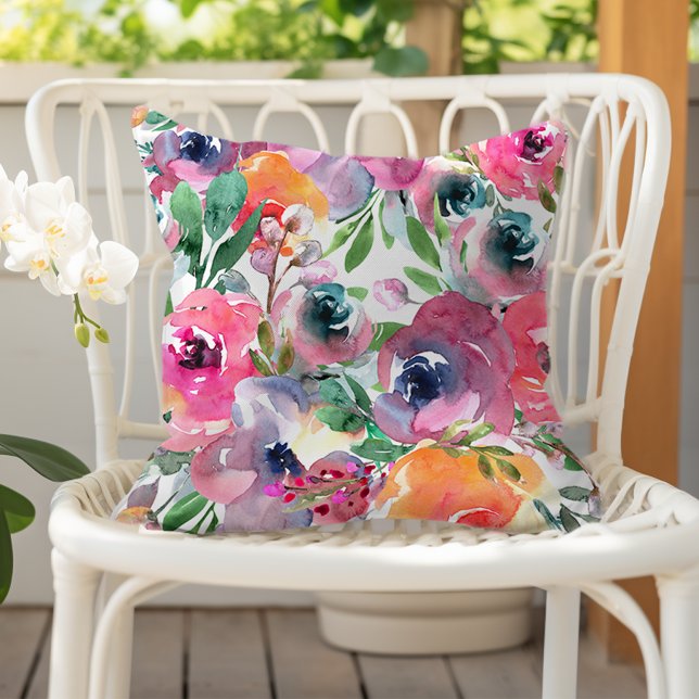 Coussin Aquarelle Florale Indigo Rouge Rose Orange Été (Créateur téléchargé)