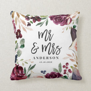 Coussin Aquarelle florale + M. et Mme de jour du mariage