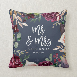 Coussin Aquarelle florale + M. et Mme de mariage de