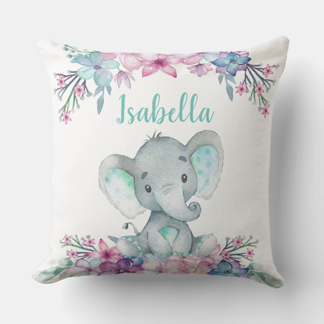 Coussin Aquarelle florale mignonne Bébé Eléphant Jetant Or (Recto)