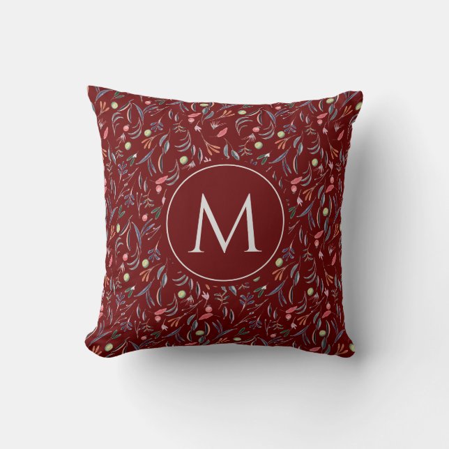 Coussin Aquarelle florale MONOGRAM Bourgogne (Recto)