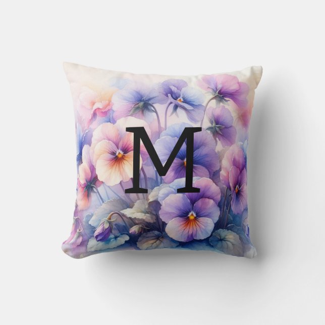 Coussin Aquarelle florale monogramme rose pourpre panses (Recto)