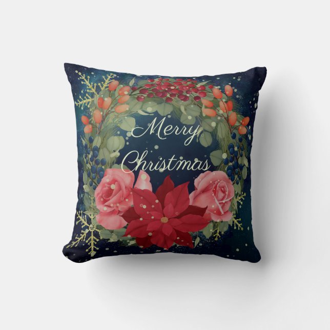 Coussin Aquarelle florale poinsettia et roses (Recto)