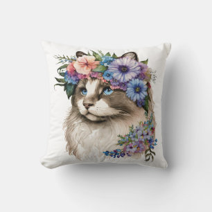 Coussin Aquarelle Florale Ragdoll Chat